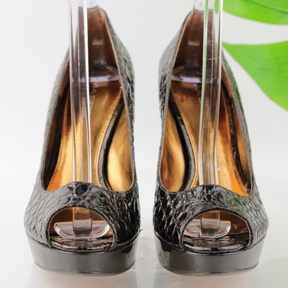 Via Spiga Women Pump Size 8.5  Brown Croc Cone Heel Platform Peep Toe Dress Shoe - Picture 2 of 12